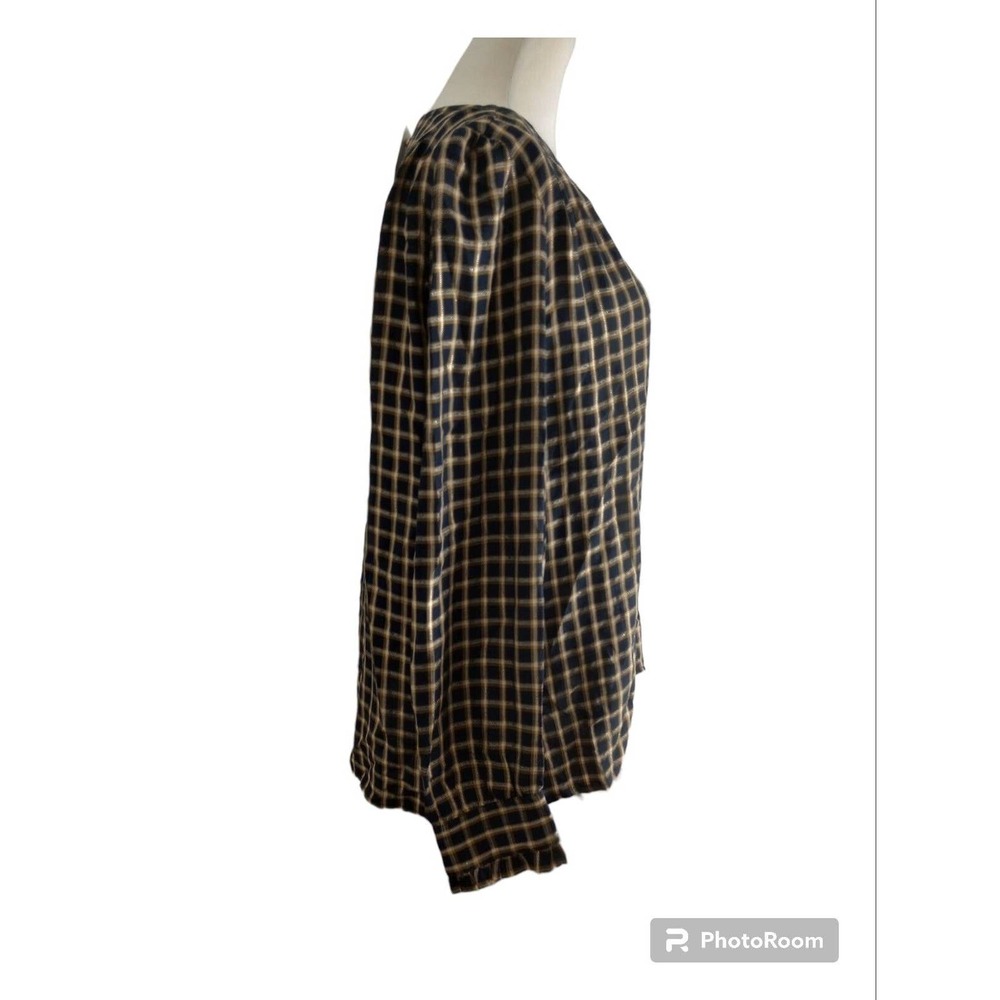 NWT LOFT Ann Taylor Women's L Navy & gold loose fit plaid blouse long sleeve top - Picture 2 of 8